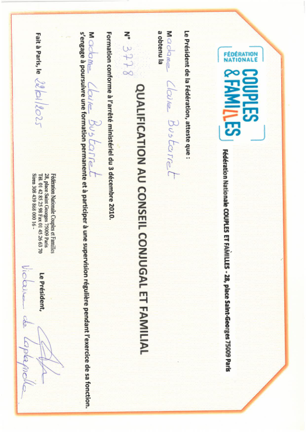 photo diplome Claire Bustarret - Conseil Conjugal et Familial