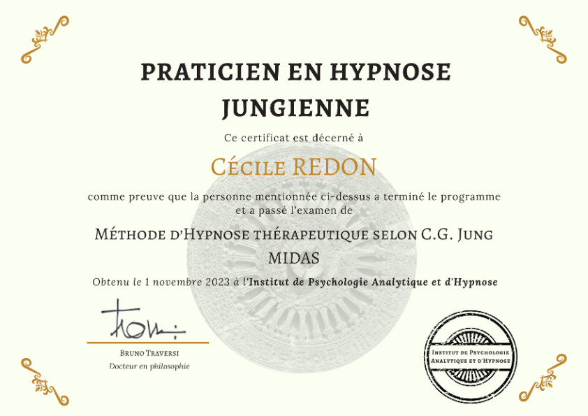 photo diplome Cécile Redon Hypnose