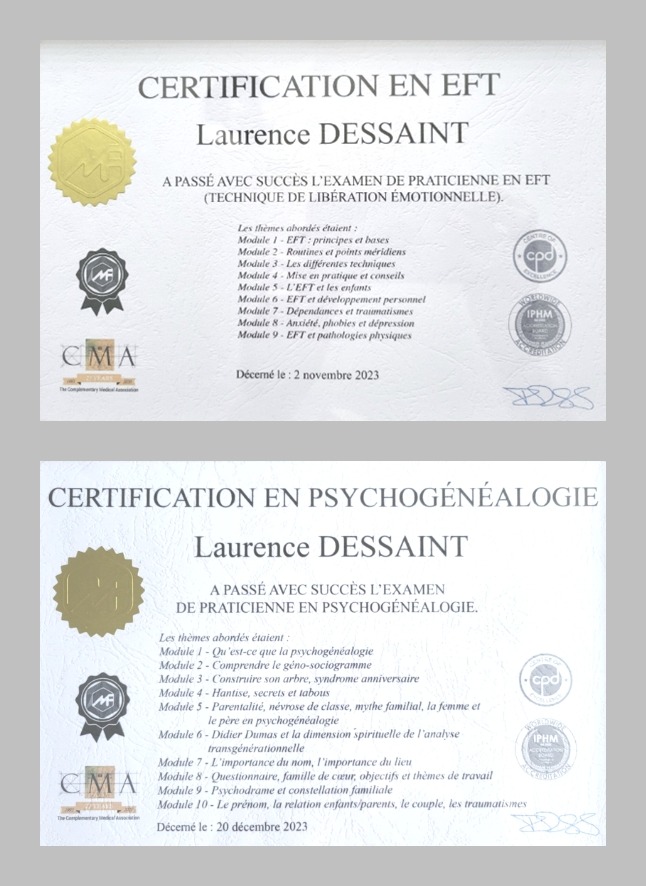 photo diplome Laurence-dessaint-EFT-Psychogénéalogie