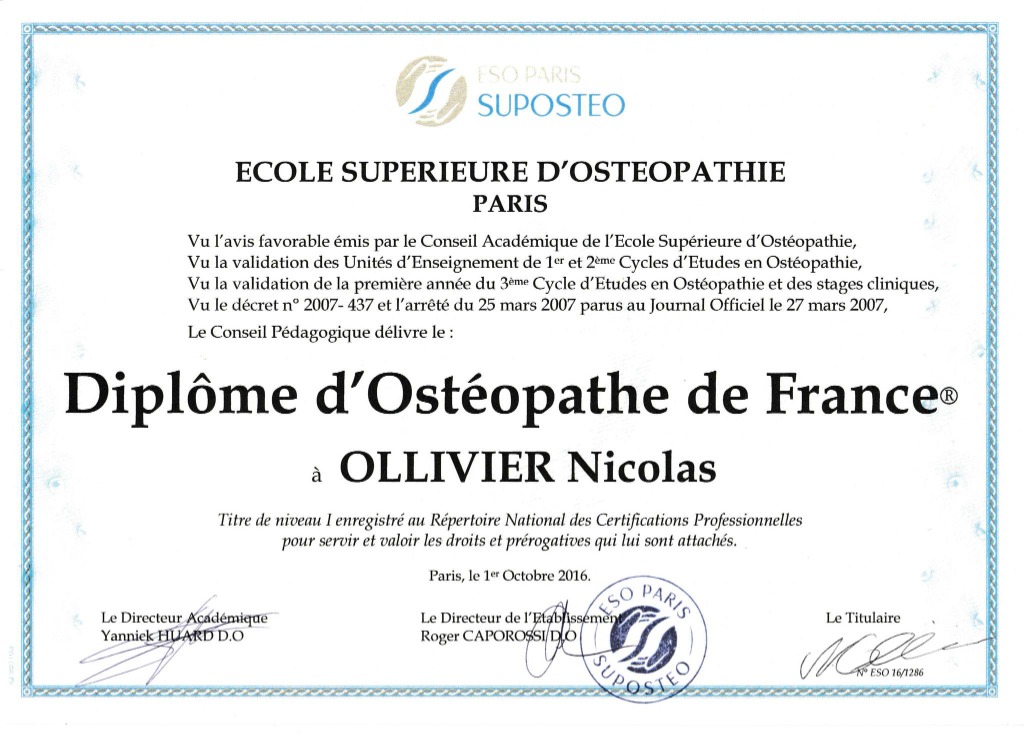 photo diplome OLLIVIER Nicolas Ostéopathe