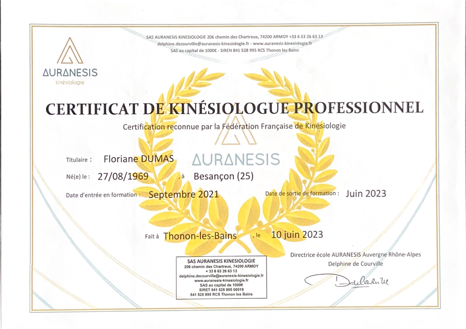 photo diplome VICTOIRE DE LA VIE - DUMAS FLORIANE