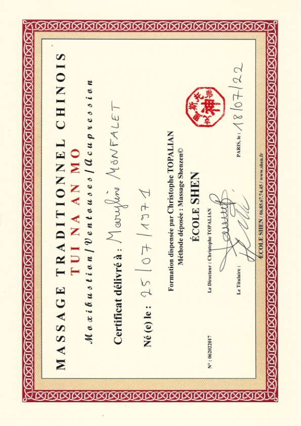 photo diplome Azalet Massage