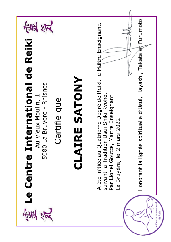 photo diplome Claire ZEN’ergies - Claire SATONY