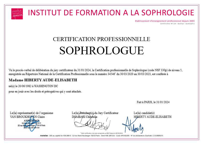 photo diplome Aude Hiberty - sophrologue spécialisée enfants