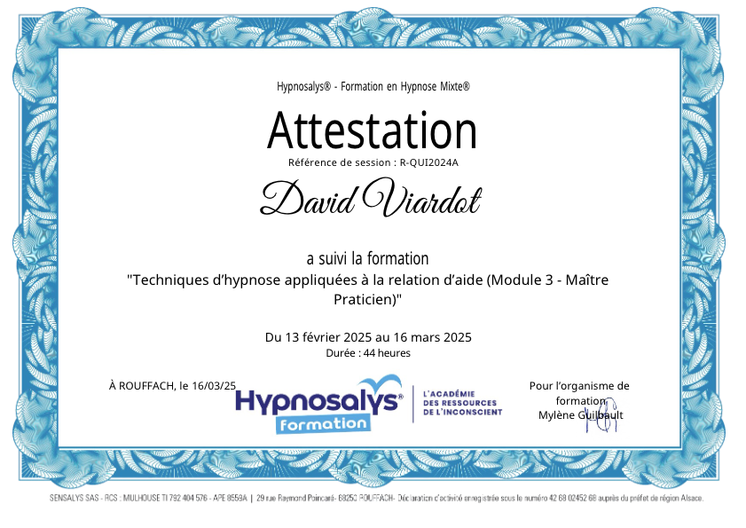 photo diplome PRATICIEN HYPNOSE DAVID VIARDOT