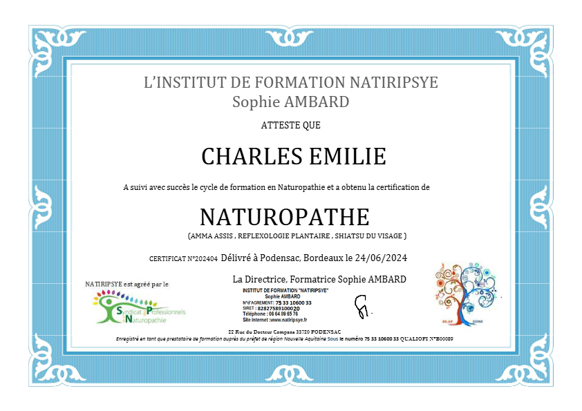 photo diplome Emilie Charles - Naturo d’âme
