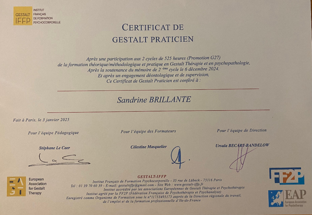 photo diplome Sandrine BRILLANTE - Gestalt Praticien