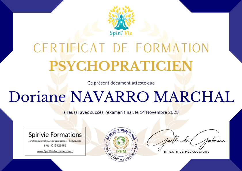 photo diplome Cabinet de Psychothérapie Doriane Marchal