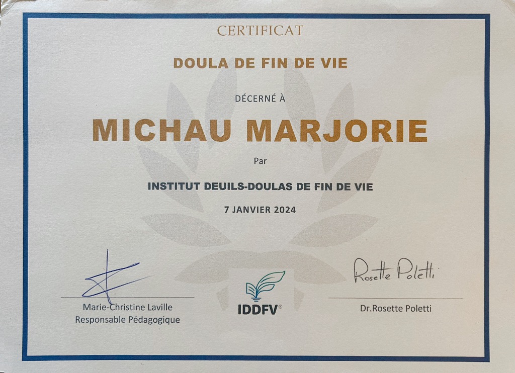 photo diplome Marjorie Michau, Fil d’Or Accompagnements