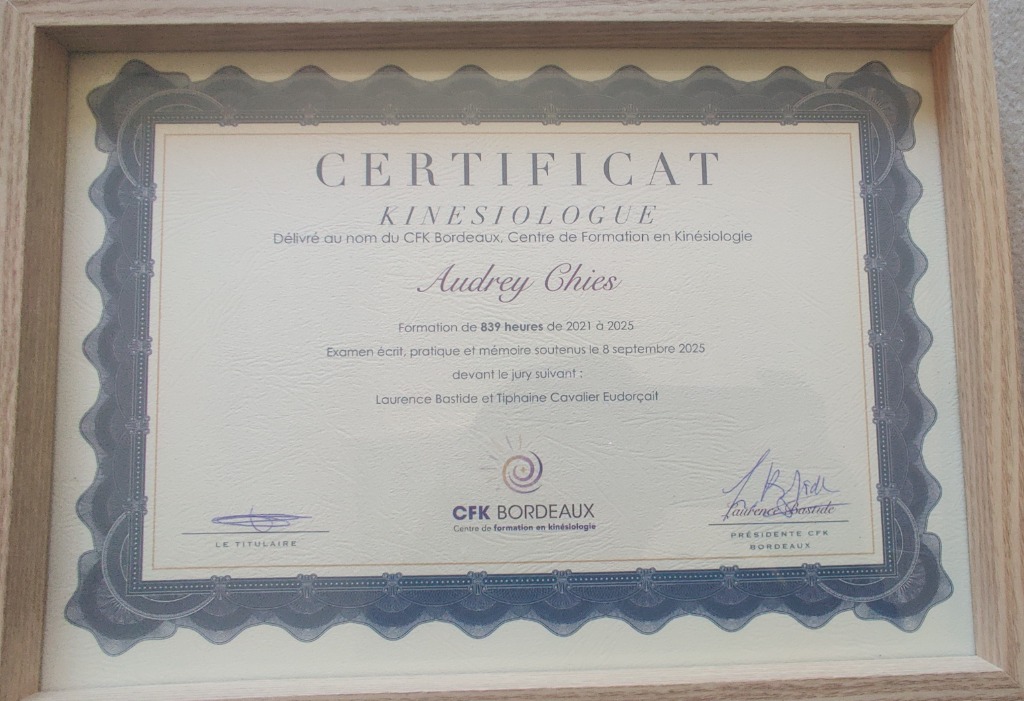 photo diplome Audrey Chies re-nêtre kinésiologie