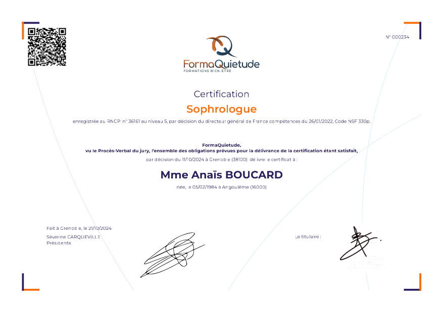 photo diplome Anaïs BOUCARD Sophrologue 