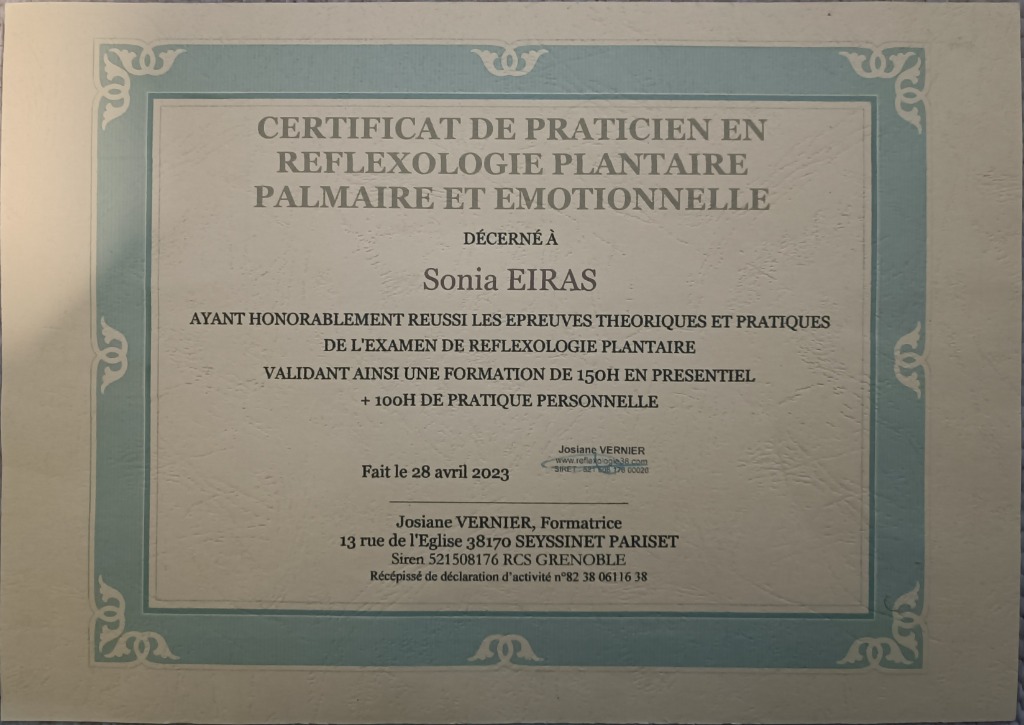 photo diplome Armony Réflexologie 
