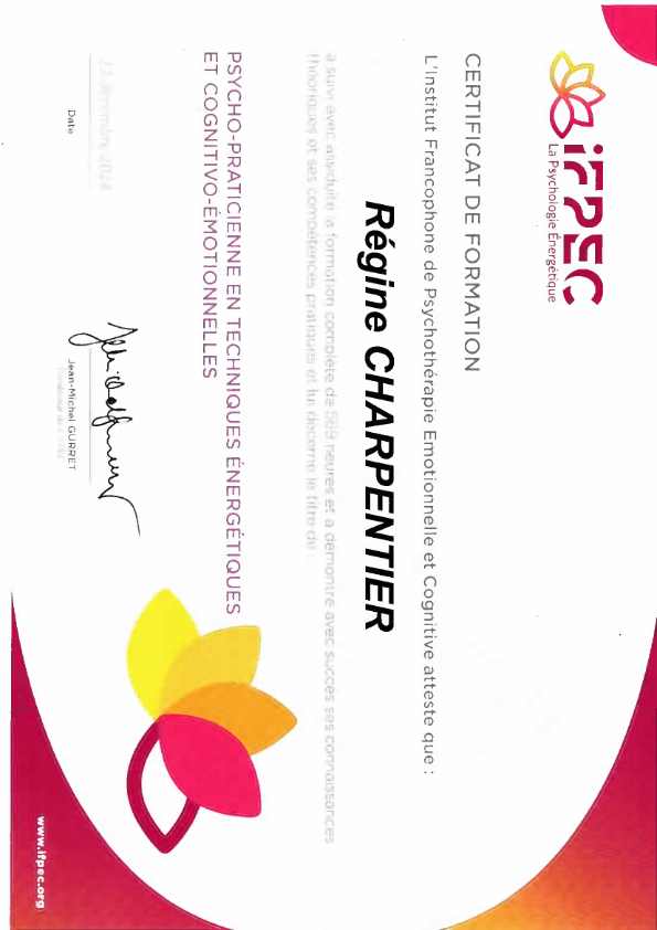 photo diplome Régine Charpentier Thérapies brèves - EFT clinique