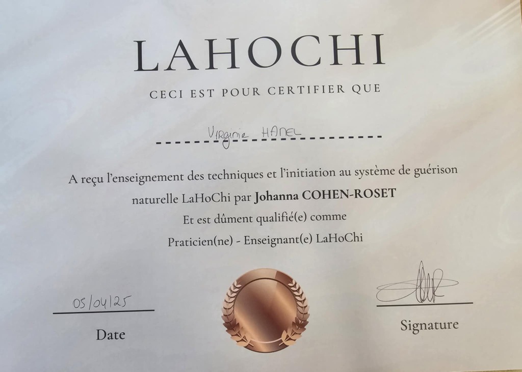 photo diplome Praticienne Virginie Hamel