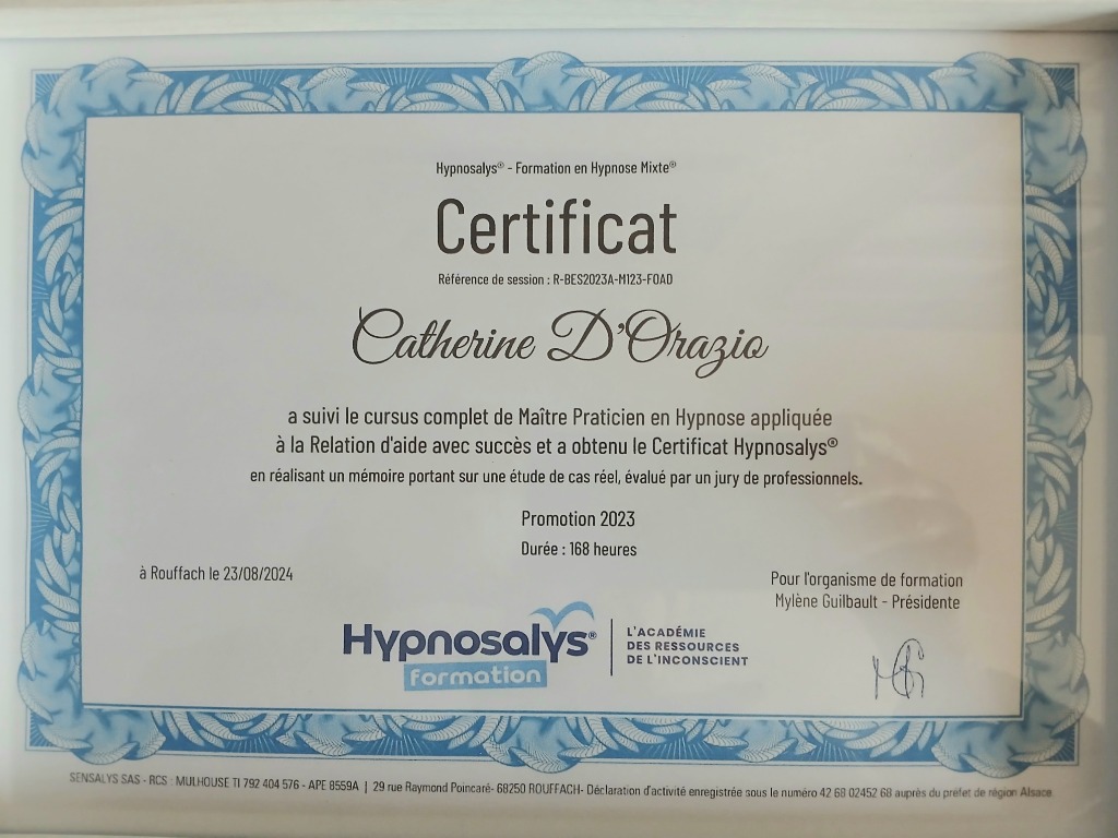 photo diplome CMD HYPNOSE /Catherine.D’orazio