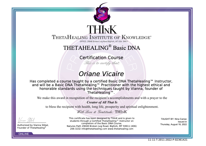 photo diplome Oriane Vicaire Thetahealing