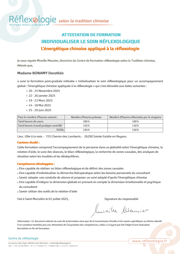 photo diplome Dorothée BONAMY Réflexologue