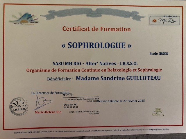 photo diplome Sophr’Aromat - Sandrine Guilloteau