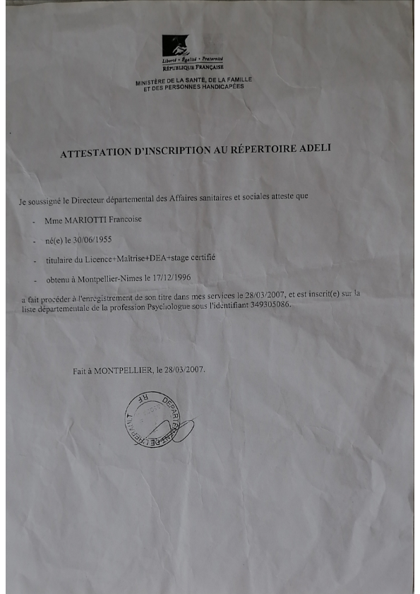 photo diplome Françoise Mariotti Psychologue Saint Gély