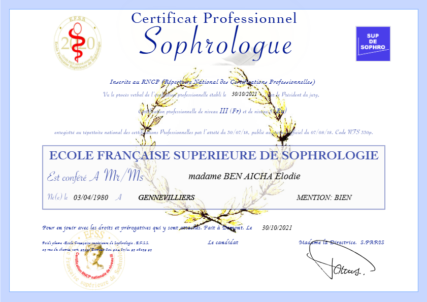 photo diplome Elodie Ben Aicha Sophrologue