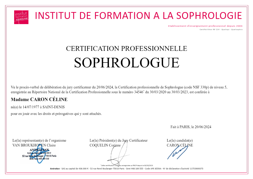 photo diplome Les clés du bien-être - Céline Caron