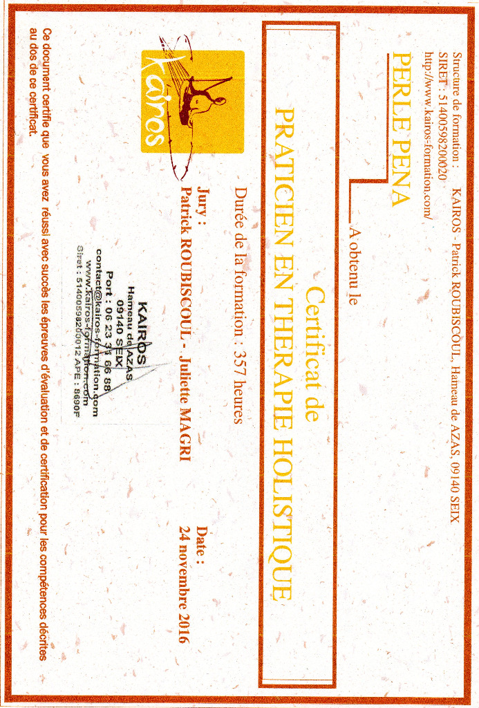 photo diplome Perle Pena: Esprit Chamanique