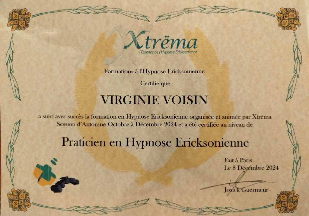 photo diplome Virginie Voisin Hypnothérapeute 