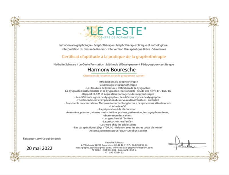 photo diplome Harmony graphotherapeute