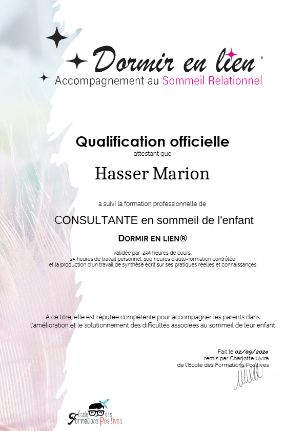 photo diplome Hasser Marion -consultante en sommeil