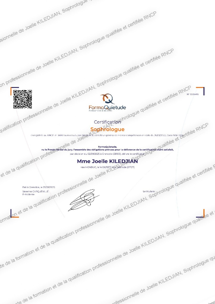 photo diplome Joelle KILEDJIAN Sophrologue RNCP