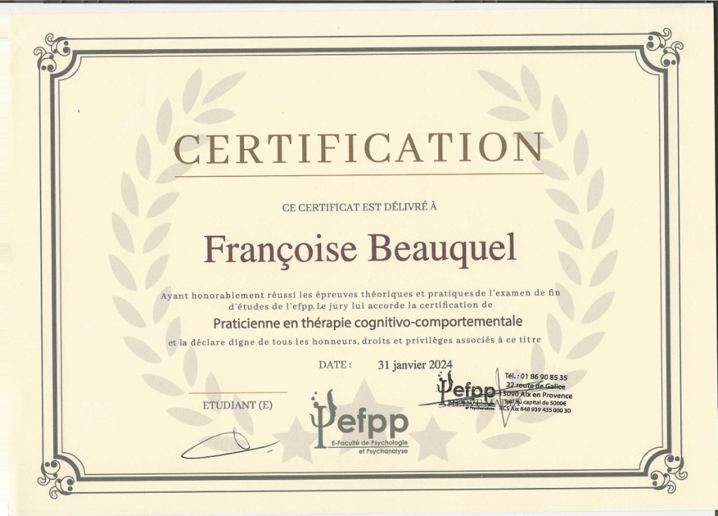 photo diplome Françoise BEAUQUEL Thérapies 