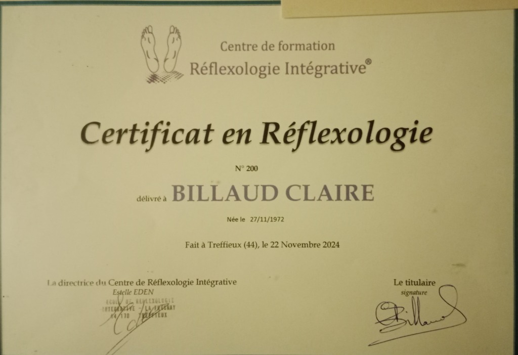 photo diplome Claire B - Réflexologie plantaire intégrative