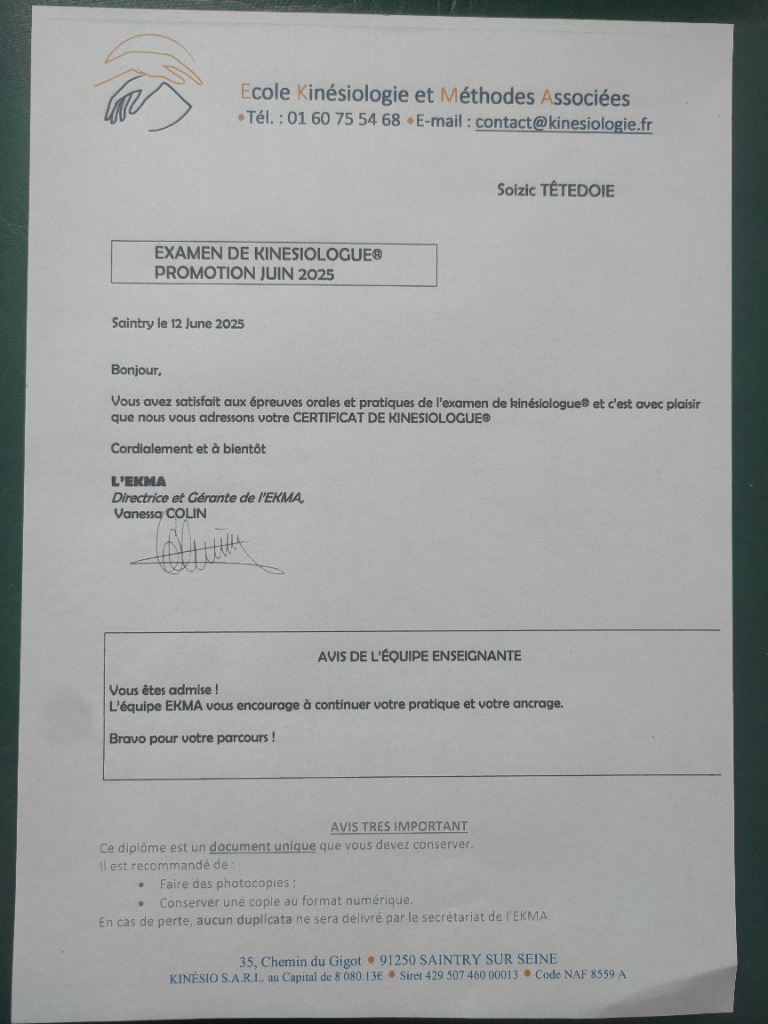 photo diplome Soizic Kinésiologie
