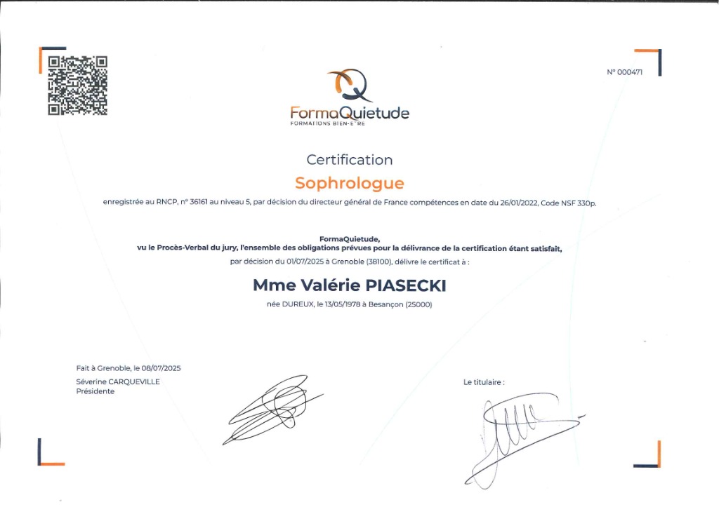 photo diplome Cabinet de sophrologie Valérie PIASECKI (RNCP)