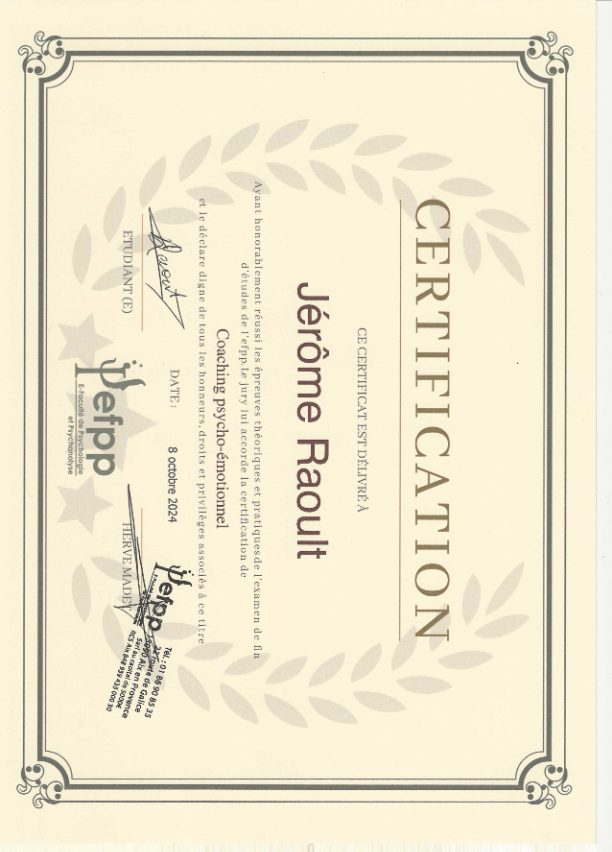 photo diplome Jérôme Raoult coach psycho émotionnel