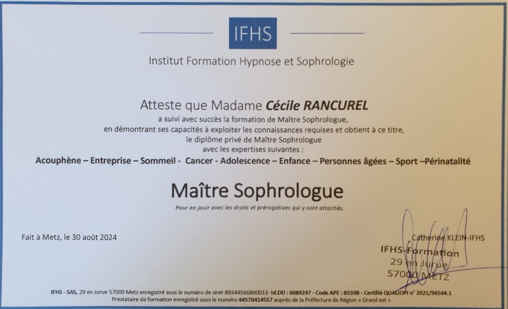 photo diplome Cécile Rancurel Sophrologue Hypnothérapeute 