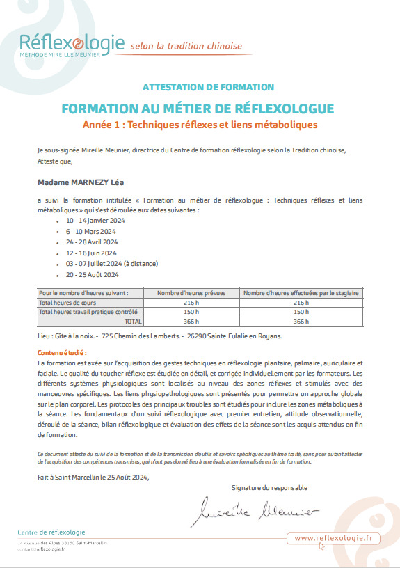 photo diplome Léa Marnezy Réflexologue