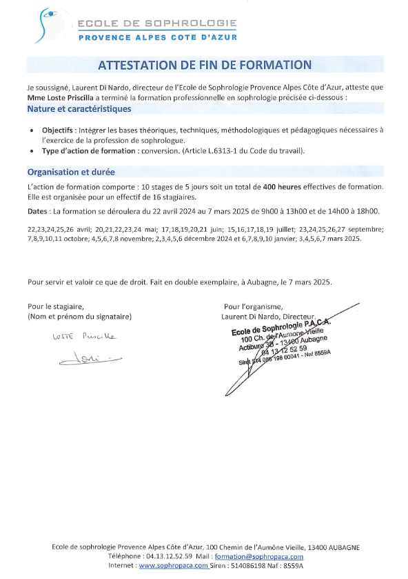 photo diplome Priscilla Loste Sophrologue