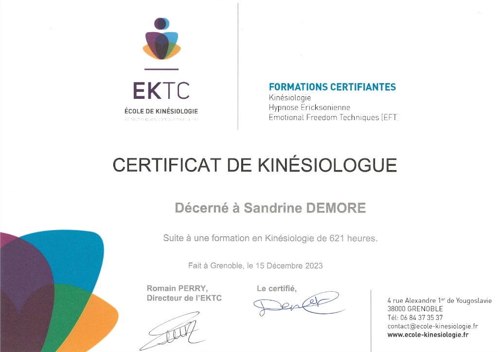 photo diplome Cabinet Colibri Sandrine Demore 