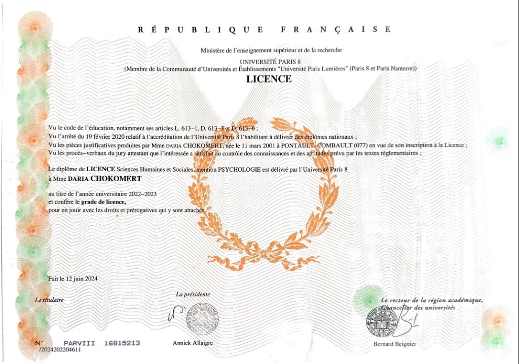 photo diplome Daria Chokomert