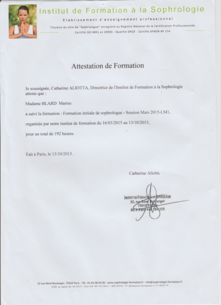 photo diplome MB-Sophrologue Marine BLARD