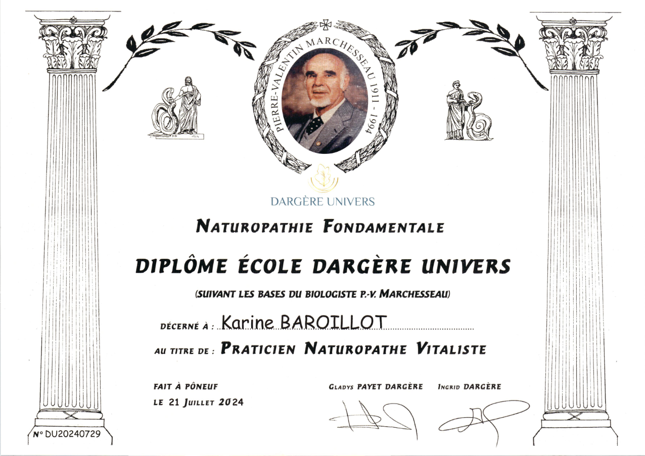 photo diplome KARINE BAROILLOT - VITAL K