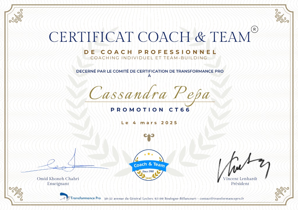 photo diplome Cassandra PEPA | Coach Professionnelle Certifiée