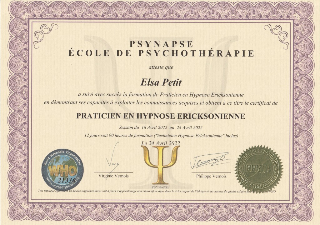 photo diplome Centre Harmonie Elsa Petit 