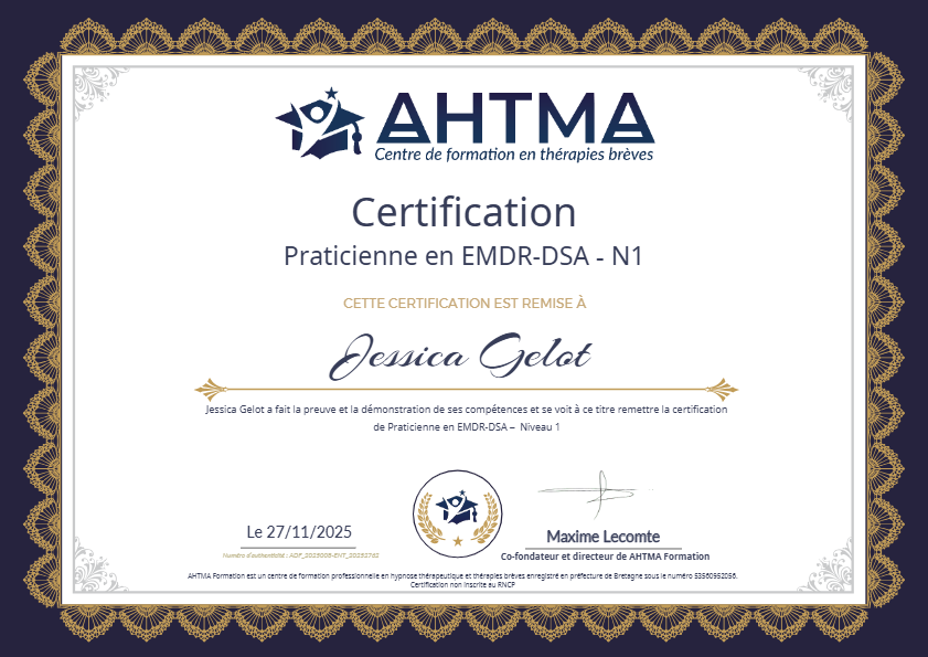 photo diplome Jessica Gelot Thérapeute Individuelle et Familiale