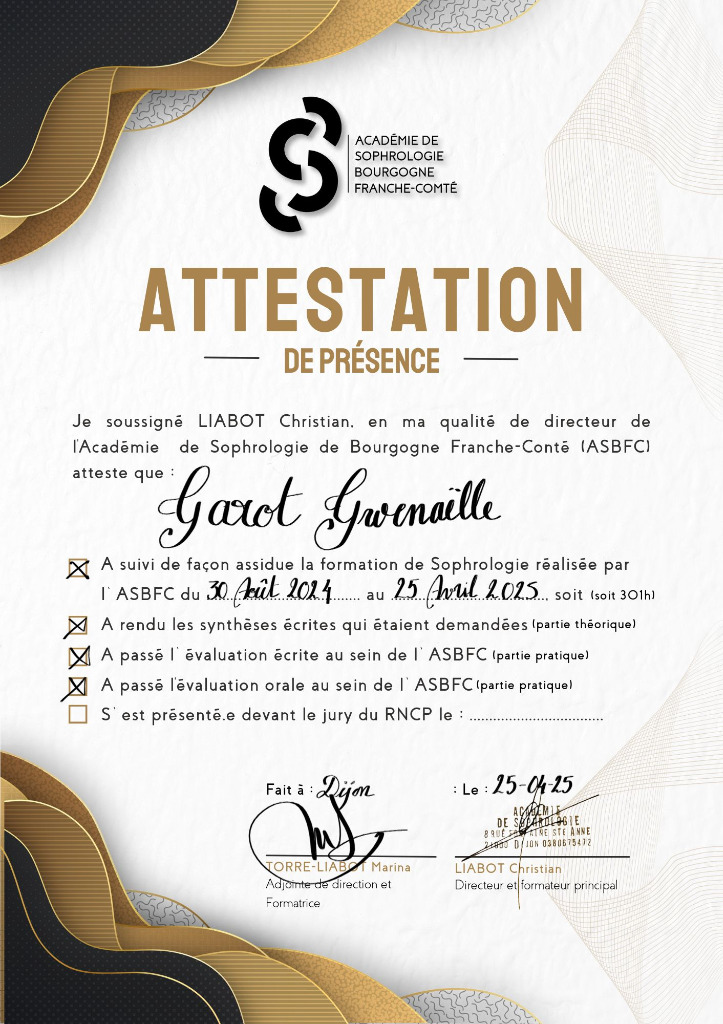 photo diplome Gwena’Ailes Sophrologue
