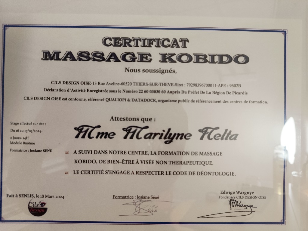 photo diplome MN massage - Massage Paris 18