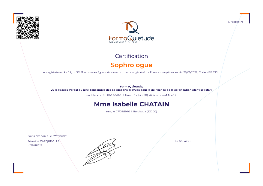 photo diplome Isabelle  - Elan de Sérénité