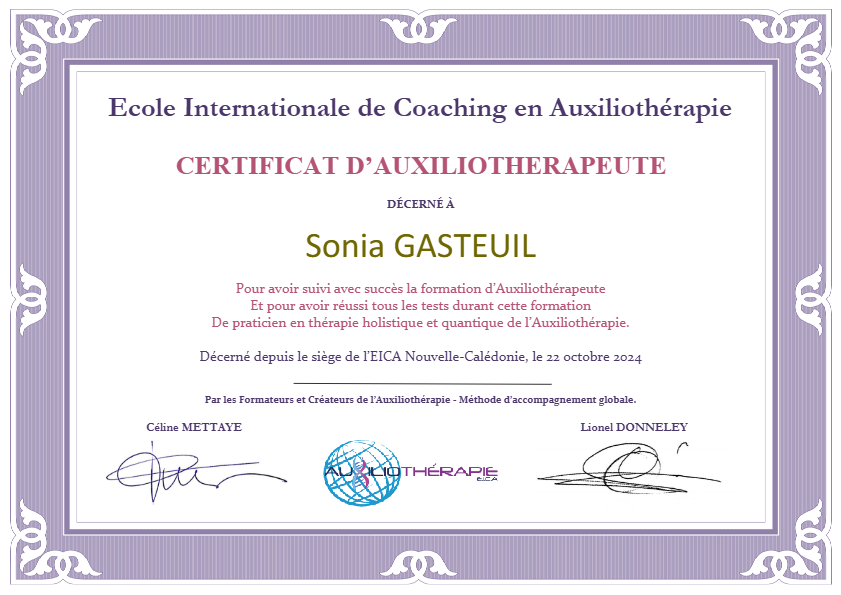 photo diplome Sonia Gasteuil Auxiliothérapeute