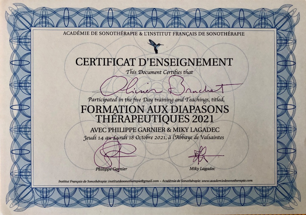 photo diplome Olibrason Sonotherapie